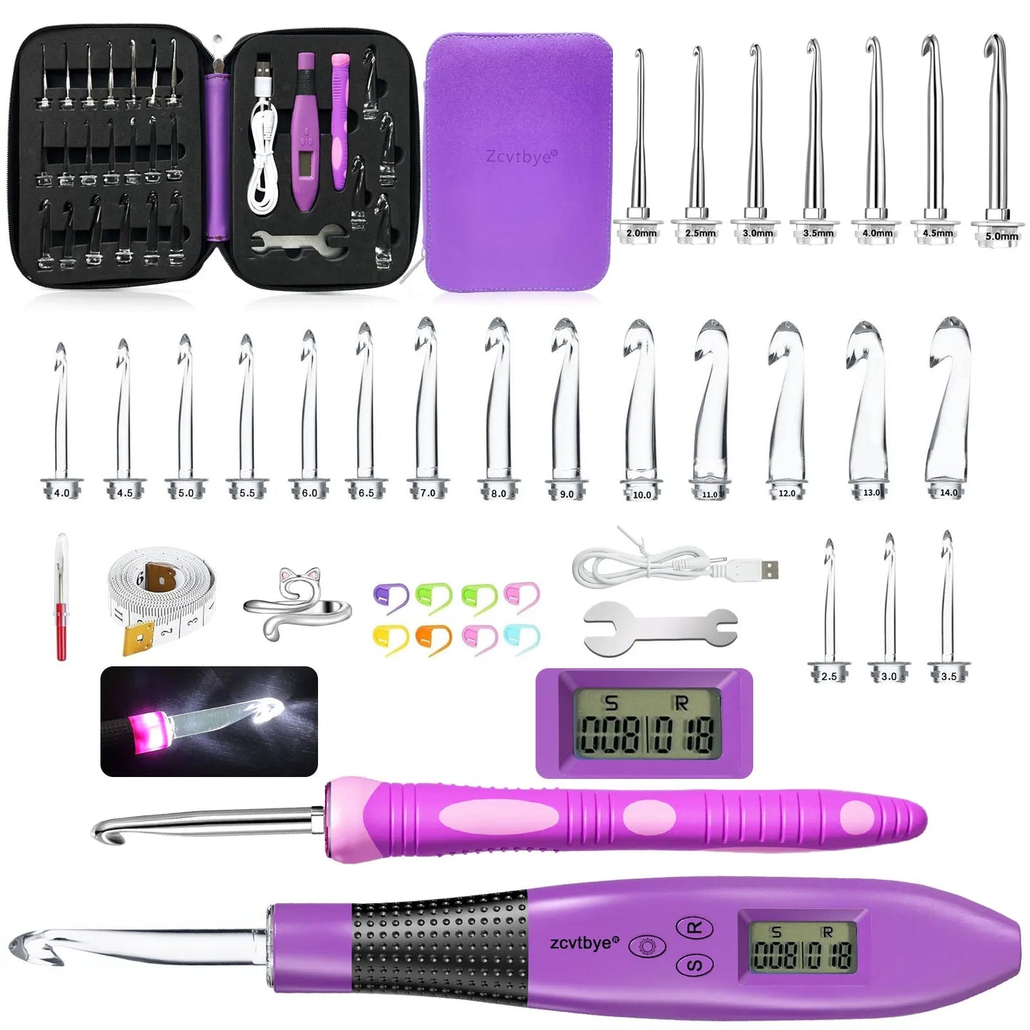GlowKit – 24pcs LED Crochet Hook Set with Stitch Counter