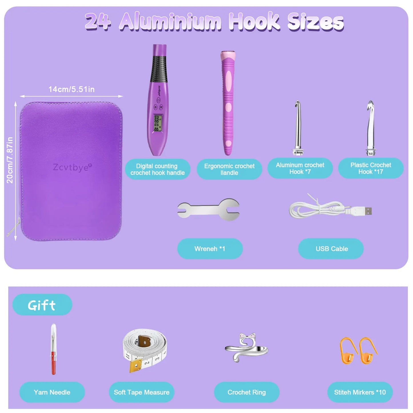 GlowKit – 24pcs LED Crochet Hook Set with Stitch Counter